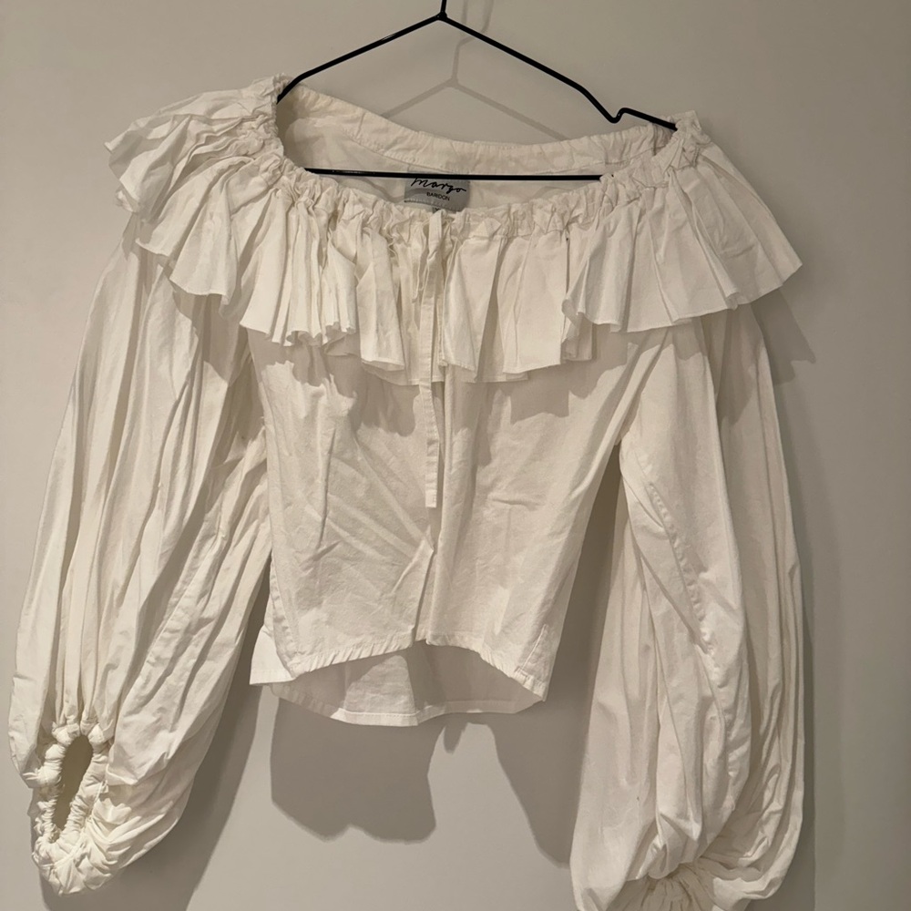 Cropped white ruffle cotton blouse